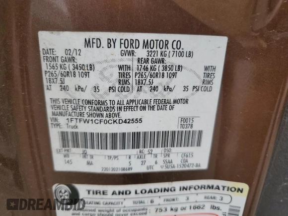 2012 Ford F-150 XL with VIN 1FTFW1CF0CKD42555, listed as a Copart auction lot 50559525 with 101,757 mi miles and Salvage Title. Bid and sale history available at carsss.com. Image 12.