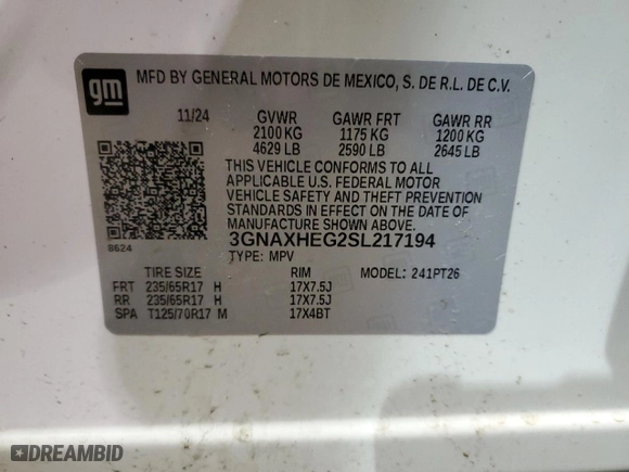 2025 Chevrolet Equinox FWD LT with VIN 3GNAXHEG2SL217194, listed as a Copart auction lot 53438275 with 7,203 mi miles and Clean Title. Bid and sale history available at carsss.com. Image 14.