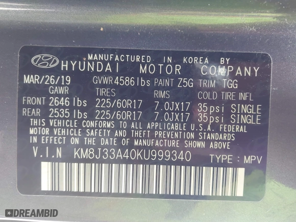 2019 Hyundai Tucson Value with VIN KM8J33A40KU999340, listed as a IAAI auction lot 41876380 with 52,752 mi miles. Bid and sale history available at carsss.com. Image 9.