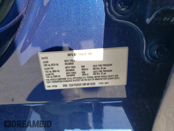 2022 Tesla Model Y Long Range with VIN 7SAYGDEE1NF481639, listed as a Copart auction lot 49896125 with Not Provided miles and Salvage Title. Bid and sale history available at carsss.com. Image 15.
