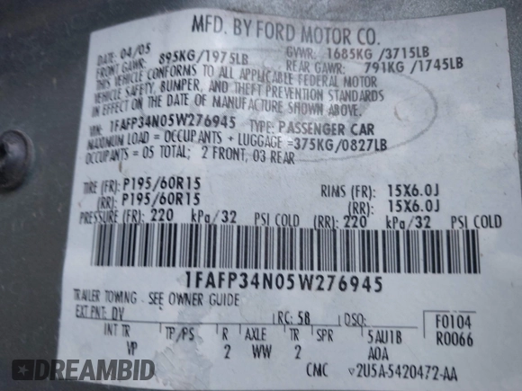 2005 Ford Focus S with VIN 1FAFP34N05W276945, listed as a IAAI auction lot 41889586 with 253,219 mi miles. Bid and sale history available at carsss.com. Image 9.