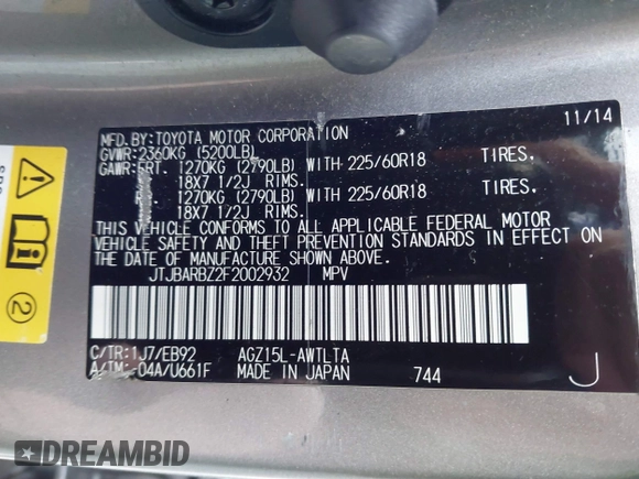 2015 Lexus NX 200t with VIN JTJBARBZ2F2002932, listed as a IAAI auction lot 41797857 with 205,902 mi miles and . Bid and sale history available at DreamBid. Image 9.