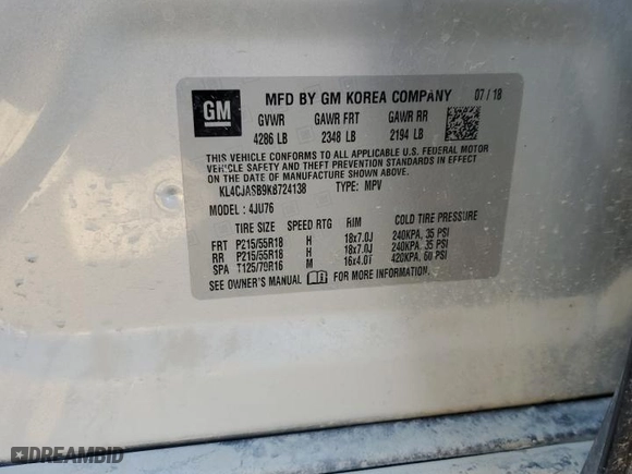 2019 Buick Encore Preferred with VIN KL4CJASB9KB724138, listed as a Copart auction lot 50720265 with 53,509 mi miles and Salvage Title. Bid and sale history available at carsss.com. Image 15.