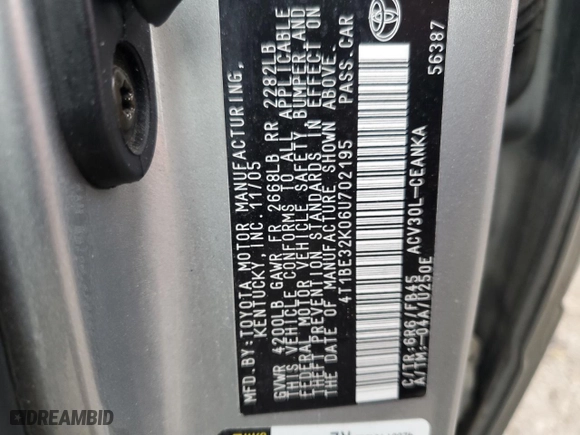 2006 Toyota Camry STD with VIN 4T1BE32K06U702195, listed as a Copart auction lot 43953885 with 0 mi miles and Salvage Title. Bid and sale history available at carsss.com. Image 12.