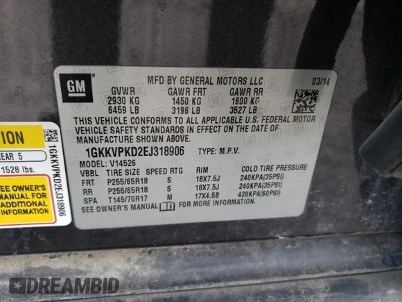 2014 GMC Acadia SLE z VIN 1GKKVPKD2EJ318906, wystawiony jako Copart lot #53636565 z przebiegiem 152 648 mil mil oraz Szkoda całkowita • Salvage title. Historia ofert i sprzedaży dostępna na DreamBid. Obrazek 13.