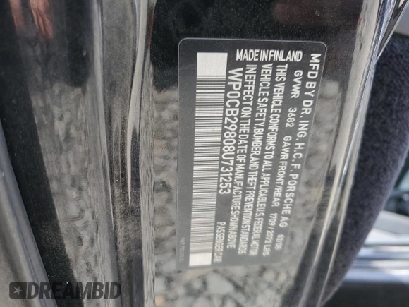 2008 Porsche Boxster S с VIN WP0CB29808U731253, выставлен на аукционе Copart как лот 49583214 с пробегом Не указан миль и Списание • Salvage title. История ставок и продаж доступна на DreamBid. Изображение 12.