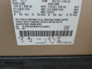 2017 Ford Explorer XLT z VIN 1FM5K8D88HGC64483, wystawiony jako Copart lot #54851925 z przebiegiem Nie podano mil oraz Szkoda całkowita • Salvage title. Historia ofert i sprzedaży dostępna na DreamBid. Obrazek 13.
