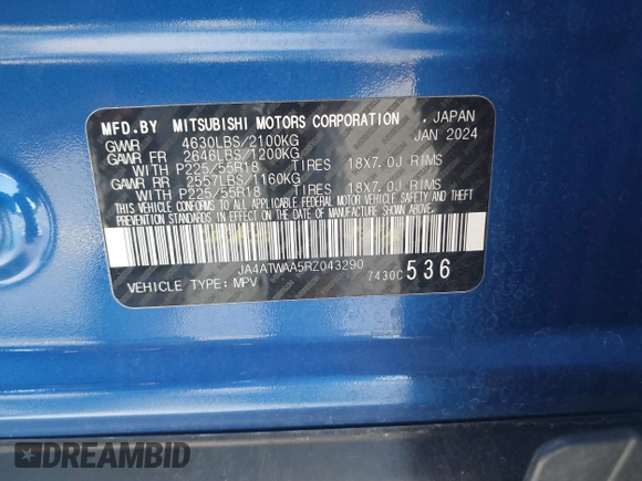 2024 Mitsubishi Eclipse Cross SE с VIN JA4ATWAA5RZ043290, выставлен на аукционе IAAI как лот 42276694 с пробегом 31 204 миль миль и . История ставок и продаж доступна на DreamBid. Изображение 9.