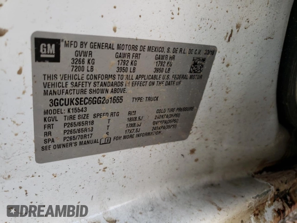 2016 Chevrolet Silverado 1500 LTZ with VIN 3GCUKSEC6GG261665, listed as a Copart auction lot 72859773 with Not Provided miles and Salvage Title. Bid and sale history available at carsss.com. Image 13.