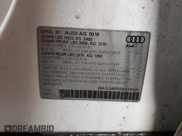 2016 Audi Q5 Premium Plus with VIN WA1L2AFP2GA128420, listed as a Copart auction lot 45652705 with 87,461 mi miles and Salvage Title. Bid and sale history available at carsss.com. Image 12.