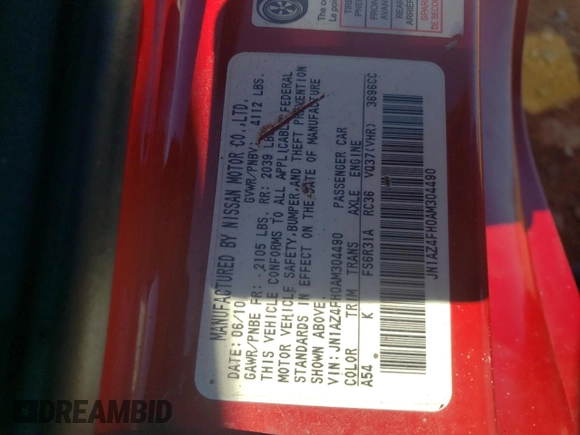2010 Nissan 370Z Touring with VIN JN1AZ4FH0AM304490, listed as a Copart auction lot 67958964 with 96,386 mi miles and Salvage Title. Bid and sale history available at carsss.com. Image 14.