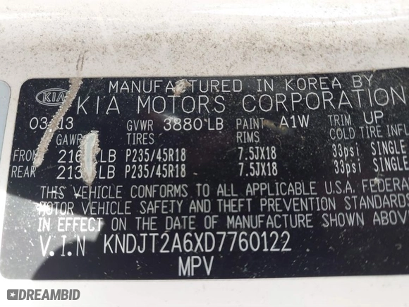 2013 Kia Soul + with VIN KNDJT2A6XD7760122, listed as a IAAI auction lot 41652106 with 116,237 mi miles. Bid and sale history available at carsss.com. Image 9.