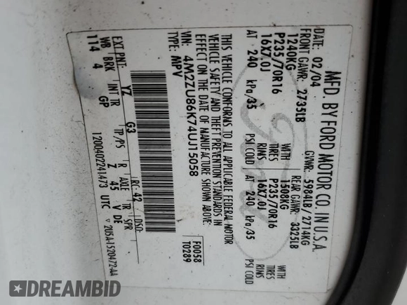 2004 Mercury Mountaineer Convenience with VIN 4M2ZU86K74UJ15058, listed as a Copart auction lot 84393964 with 141,656 mi miles and Salvage title. Bid and sale history available at DreamBid. Image 15.