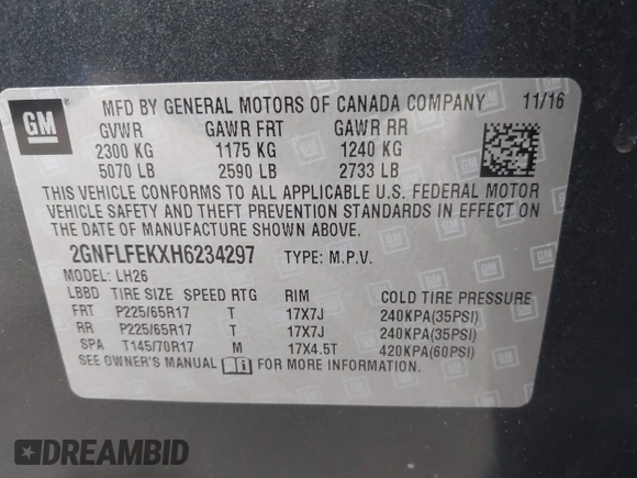 2017 Chevrolet Equinox LT with VIN 2GNFLFEKXH6234297, listed as a IAAI auction lot 41951216 with 130,096 mi miles. Bid and sale history available at carsss.com. Image 9.