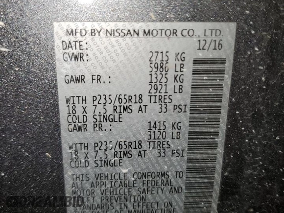 2017 Nissan Pathfinder SV z VIN 5N1DR2MM7HC648330, wystawiony jako Copart lot #52163045 z przebiegiem 138 602 mil mil oraz Szkoda całkowita • Salvage title. Historia ofert i sprzedaży dostępna na DreamBid. Obrazek 13.
