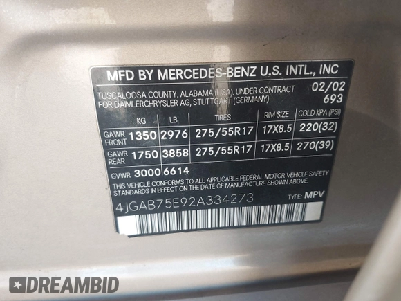 2002 Mercedes-Benz M 320/430/500 with VIN 4JGAB75E92A334273, listed as a IAAI auction lot 41831832 with 132,896 mi miles and . Bid and sale history available at DreamBid. Image 9.