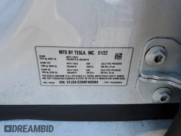 2022 Tesla Model S with VIN 5YJSA1E59NF469984, listed as a Copart auction lot 38543354 with Not provided miles and . Bid and sale history available at DreamBid. Image 14.