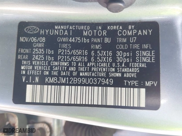 2009 Hyundai Tucson GLS with VIN KM8JM12B99U037949, listed as a IAAI auction lot 41935047 with 137,591 mi miles. Bid and sale history available at carsss.com. Image 9.