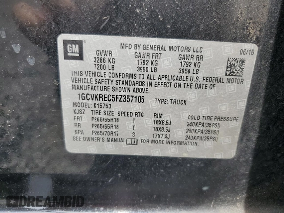 2015 Chevrolet Silverado 1500 LT with VIN 1GCVKREC5FZ357105, listed as a Copart auction lot 54959165 with 68,204 mi miles and Salvage Title. Bid and sale history available at carsss.com. Image 12.