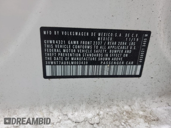 2020 Volkswagen Golf GTI S with VIN 3VW6T7AU9LM003439, listed as a Copart auction lot 69205594 with 52,272 mi miles and Salvage Title. Bid and sale history available at carsss.com. Image 12.