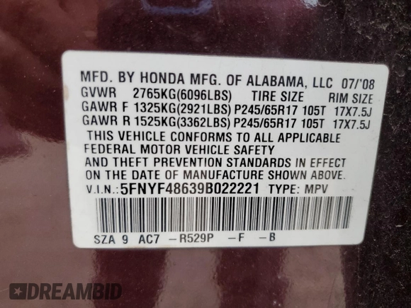 2009 Honda Pilot EX-L with VIN 5FNYF48639B022221, listed as a Copart auction lot 50955875 with 158,477 mi miles and Salvage Title. Bid and sale history available at carsss.com. Image 13.