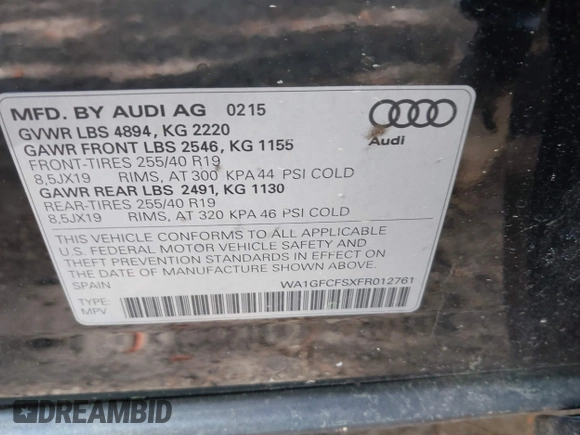 2015 Audi Q3 Prestige with VIN WA1GFCFSXFR012761, listed as a IAAI auction lot 42181745 with 148,133 mi miles and . Bid and sale history available at DreamBid. Image 9.