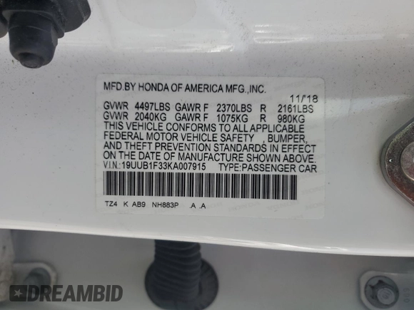 2019 Acura TLX with VIN 19UUB1F33KA007915, listed as a Copart auction lot 54687515 with 92,335 mi miles and Salvage title. Bid and sale history available at DreamBid. Image 12.