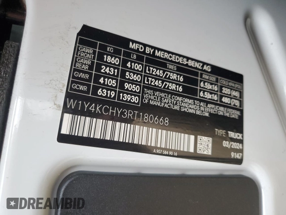 2024 Mercedes-Benz Sprinter with VIN W1Y4KCHY3RT180668, listed as a Copart auction lot 48547265 with 57,569 mi miles and Salvage Title. Bid and sale history available at DreamBid. Image 13.