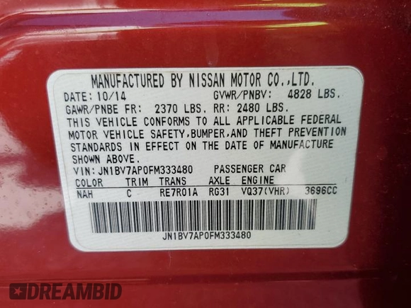 2015 Infiniti Q50 Premium with VIN JN1BV7AP0FM333480, listed as a Copart auction lot 50940215 with 0 mi miles and Salvage Title. Bid and sale history available at carsss.com. Image 15.