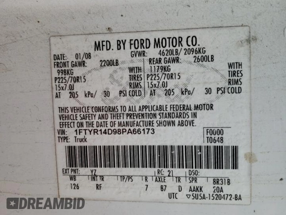 2008 Ford Ranger XL with VIN 1FTYR14D98PA66173, listed as a Copart auction lot 51893285 with 331,859 mi miles and Clean Title. Bid and sale history available at DreamBid. Image 12.
