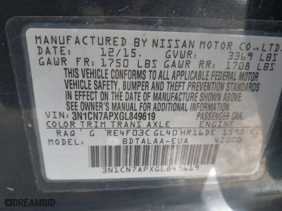 2016 Nissan Versa SV with VIN 3N1CN7APXGL849619, listed as a IAAI auction lot 41046452 with 88,500 mi miles. Bid and sale history available at carsss.com. Image 9.