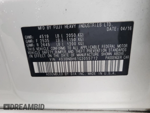 2016 Subaru Legacy with VIN 4S3BNBH61G3055712, listed as a Copart auction lot 44575605 with 210,228 mi miles and Salvage title. Bid and sale history available at DreamBid. Image 12.