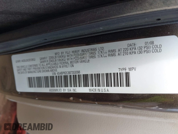 2008 Subaru Outback Limited with VIN 4S4BP62C887353096, listed as a IAAI auction lot 41666428 with 155,515 mi miles and . Bid and sale history available at DreamBid. Image 9.