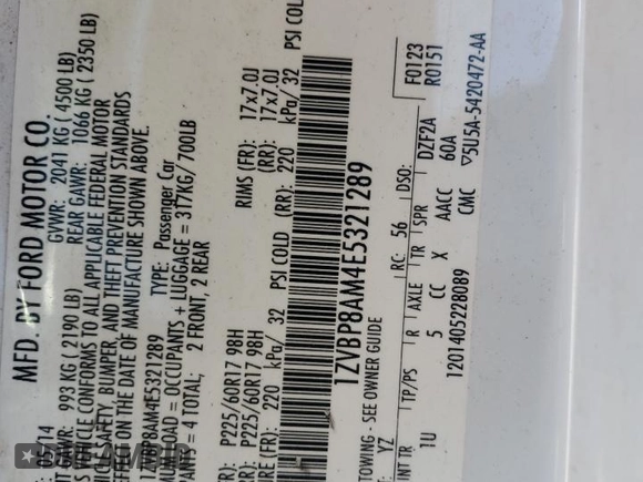2014 Ford Mustang V6 with VIN 1ZVBP8AM4E5321289, listed as a Copart auction lot 57625845 with 143,127 mi miles and Salvage title. Bid and sale history available at DreamBid. Image 12.