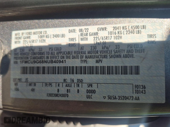 2022 Ford Escape SE с VIN 1FMCU9G68NUB40941, выставлен на аукционе IAAI как лот 42841806 с пробегом 45 867 миль миль и . История ставок и продаж доступна на DreamBid. Изображение 15.