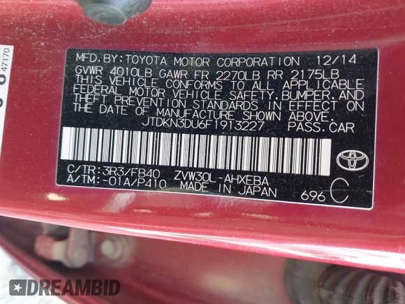 2015 Toyota Prius Four with VIN JTDKN3DU6F1913227, listed as a IAAI auction lot 42042511 with 155,535 mi miles. Bid and sale history available at carsss.com. Image 9.