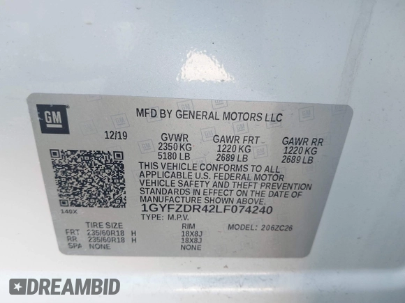 2020 Cadillac XT4 AWD Premium Luxury with VIN 1GYFZDR42LF074240, listed as a IAAI auction lot 41796898 with 85,325 mi miles. Bid and sale history available at carsss.com. Image 9.