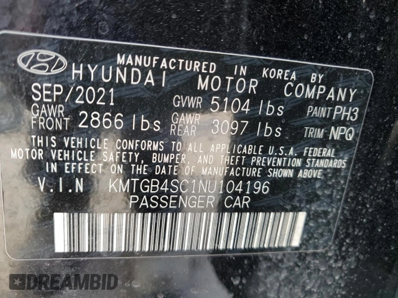 2022 Genesis G80 2.5T with VIN KMTGB4SC1NU104196, listed as a Copart auction lot 53179545 with 53,600 mi miles and Clean title. Bid and sale history available at DreamBid. Image 12.