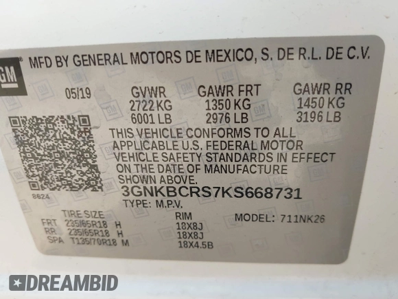 2019 Chevrolet Blazer z VIN 3GNKBCRS7KS668731, wystawiony jako IAAI lot #42266512 z przebiegiem 79 322 mil mil oraz . Historia ofert i sprzedaży dostępna na DreamBid. Obrazek 9.
