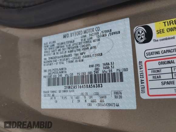 2005 Ford Freestar SE с VIN 2FMZA51645BA56383, выставлен на аукционе IAAI как лот 42424377 с пробегом 174 059 миль миль и . История ставок и продаж доступна на DreamBid. Изображение 9.