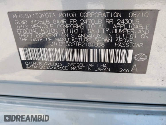 2011 Lexus IS 250 с VIN JTHBF5C21B2101006, выставлен на аукционе IAAI как лот 42267256 с пробегом 96 229 миль миль и . История ставок и продаж доступна на DreamBid. Изображение 9.