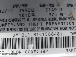 2012 Mazda Mazda3 i Touring with VIN JM1BL1L81C1588481, listed as a IAAI auction lot 41918702 with 189,344 mi miles. Bid and sale history available at carsss.com. Image 9.