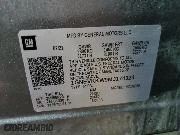 2021 Chevrolet Traverse Premier z VIN 1GNEVKKW9MJ174323, wystawiony jako Copart lot #45936545 z przebiegiem 54 049 mil mil oraz Nie do naprawy • Non repairable. Historia ofert i sprzedaży dostępna na DreamBid. Obrazek 13.