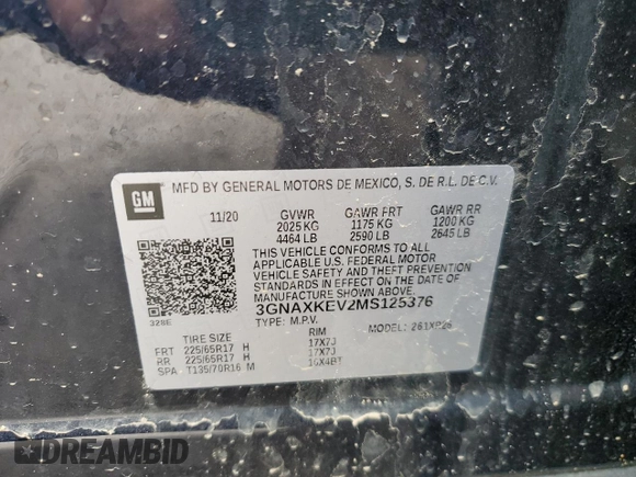 2021 Chevrolet Equinox LT with VIN 3GNAXKEV2MS125376, listed as a Copart auction lot 47312275 with 112,292 mi miles and Salvage Title. Bid and sale history available at DreamBid. Image 15.