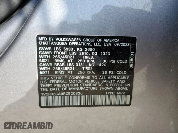 2024 Volkswagen Atlas SEL Premium R-Line with VIN 1V2FR2CA9RC520336, listed as a Copart auction lot 52252065 with 16,900 mi miles and Salvage title. Bid and sale history available at DreamBid. Image 15.