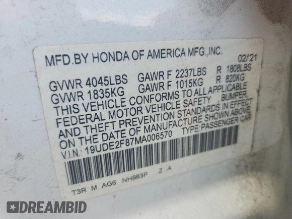 2021 Acura ILX Premium with VIN 19UDE2F87MA006570, listed as a Copart auction lot 66021195 with 47,196 mi miles and Clean title. Bid and sale history available at DreamBid. Image 12.