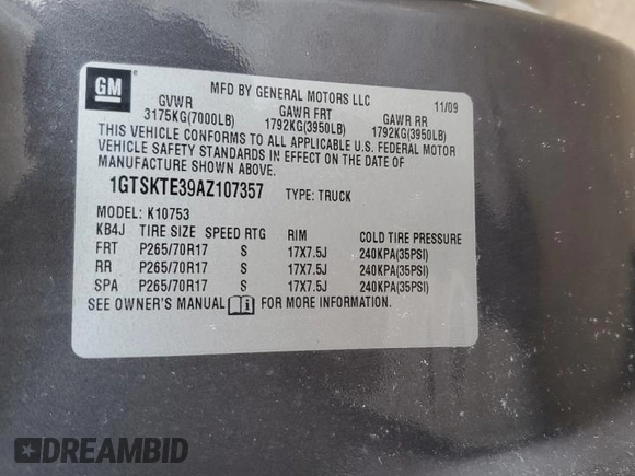 2010 GMC Sierra 1500 with VIN 1GTSKTE39AZ107357, listed as a Copart auction lot 45675685 with 157,081 mi miles and Clean Title. Bid and sale history available at DreamBid. Image 12.