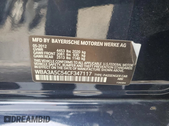 2012 BMW 3 Series 328i with VIN WBA3A5C54CF347117, listed as a Copart auction lot 83751644 with 179,229 mi miles and Salvage title. Bid and sale history available at DreamBid. Image 12.