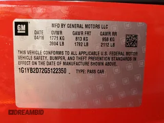 2016 Chevrolet Corvette 1LT with VIN 1G1YB2D72G5122350, listed as a Copart auction lot 54507735 with Not provided miles and Salvage title. Bid and sale history available at DreamBid. Image 13.