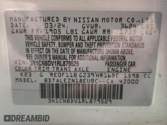 2024 Nissan Versa S with VIN 3N1CN8DV1RL879529, listed as a Copart auction lot 47470485 with 3,364 mi miles and Salvage Title. Bid and sale history available at carsss.com. Image 14.